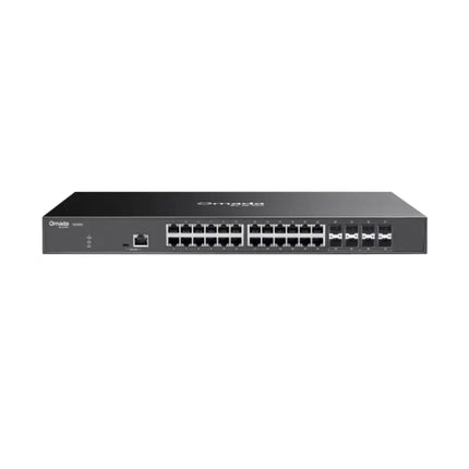 Front view of the TP-Link Omada SX3832 L2+ managed network switch showcasing its 24 10G RJ45 multi-gigabit ports and 8 10G SFP+ fiber slots.