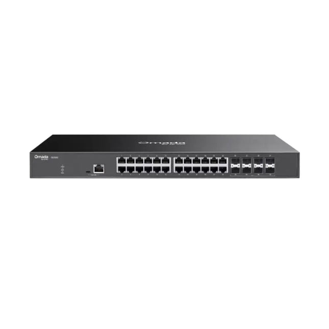 Front view of the TP-Link Omada SX3832 L2+ managed network switch showcasing its 24 10G RJ45 multi-gigabit ports and 8 10G SFP+ fiber slots.