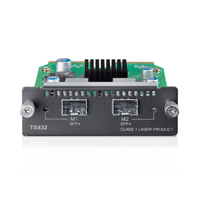 TP-Link Omada TX432 10-Gigabit 2-Port SFP+ expansion module interface card highlighting its integrated circuit board, rear connector pin ridge, and dual metal SFP+ housing.