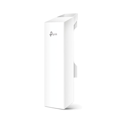 Front vertical view of the slim white TP-Link Pharos CPE210 outdoor 2.4GHz directional access point with a weatherproof casing.