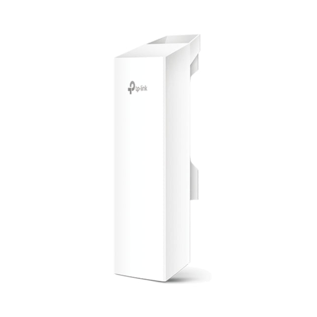 Front vertical view of the slim white TP-Link Pharos CPE210 outdoor 2.4GHz directional access point with a weatherproof casing.