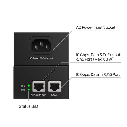 Rear view of the POE370S metal chassis, showing the standard three-prong AC power socket and dedicated grounding screw.