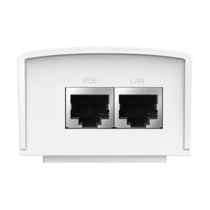 Bottom view of the TP-Link POE4824G adapter highlighting the Gigabit LAN port, Gigabit PoE port, and shielding for electrical grounding.
