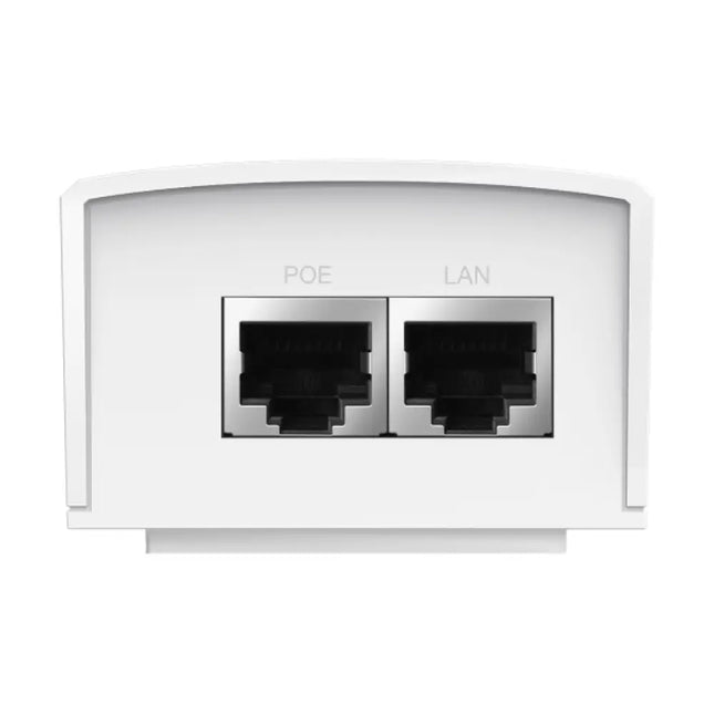 Bottom view of the TP-Link POE4824G adapter highlighting the Gigabit LAN port, Gigabit PoE port, and shielding for electrical grounding.