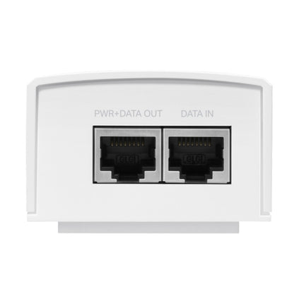 Close-up view of the Data In and PoE Out ports on the POE5430G-M2 adapter supporting 2.5G network speeds.
