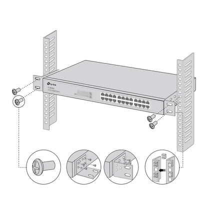 TP-Link 13-inch switch mounted securely into a standard server rack using the RackMount Kit-13.
