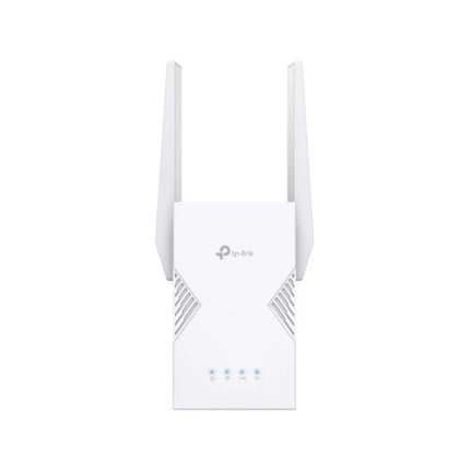 Front view of the TP-Link RE225BE BE3600 dual-band Wi-Fi 7 range extender plugged into a wall outlet, showing its compact design and two external antennas.
