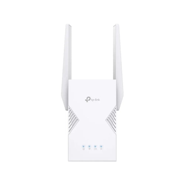 Front view of the TP-Link RE225BE BE3600 dual-band Wi-Fi 7 range extender plugged into a wall outlet, showing its compact design and two external antennas.