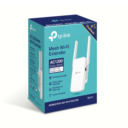 Side profile view of the slim white RE315 range extender highlighting its adjustable antennas.