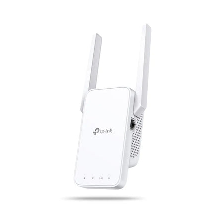 Compact TP-Link RE315 Wi-Fi signal booster plugged into a standard home wall outlet.