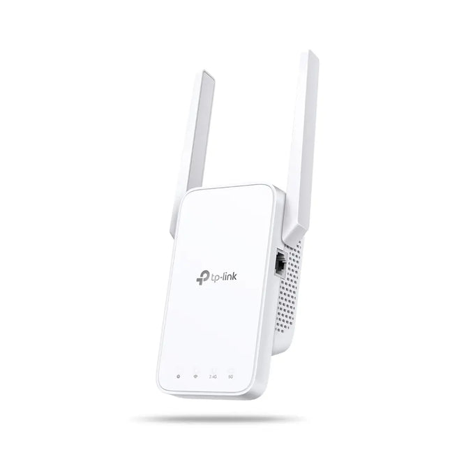 Compact TP-Link RE315 Wi-Fi signal booster plugged into a standard home wall outlet.