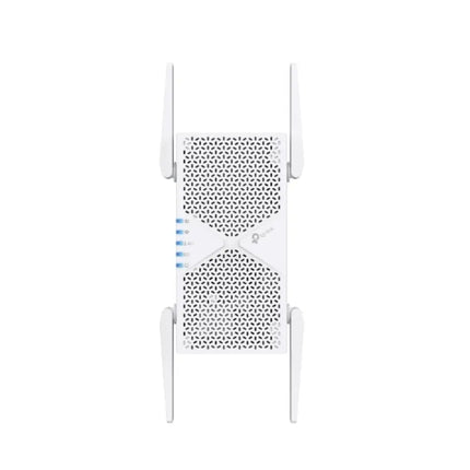Front view of the TP-Link RE405BE tri-band Wi-Fi 7 range extender plugged into a wall socket, featuring its sleek white casing and external antennas.
