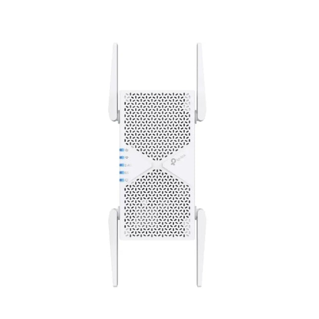 Front view of the TP-Link RE405BE tri-band Wi-Fi 7 range extender plugged into a wall socket, featuring its sleek white casing and external antennas.