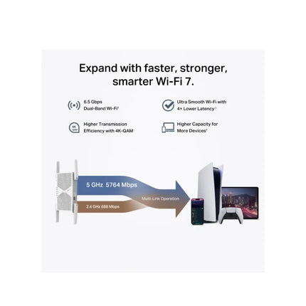 `A TP-Link RE405BE Wi-Fi 7 booster expanding seamless, high-speed internet coverage to a modern home office setup