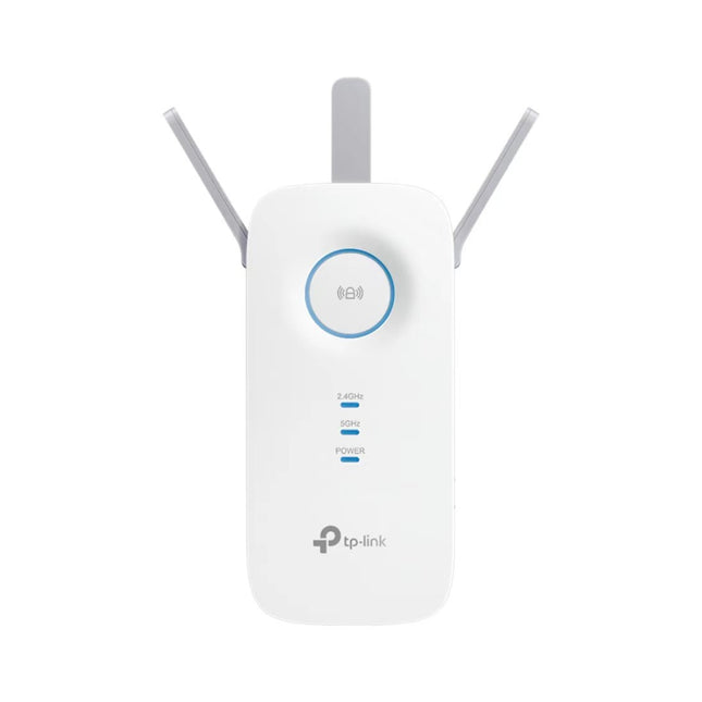 TP-Link RE450 AC1750 dual-band Wi-Fi range extender in white featuring three adjustable external antennas and the circular RE signal indicator light.