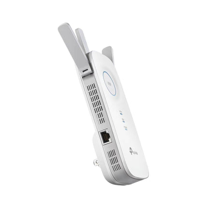 Side profile shot of the TP-Link RE450 booster highlighting the high-speed Gigabit Ethernet port used for connecting wired devices like smart TVs or gaming consoles.