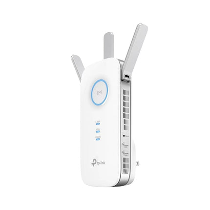 Rear view of the TP-Link AC1750 Wi-Fi extender showcasing the integrated Australian standard wall plug interface and product specification label.