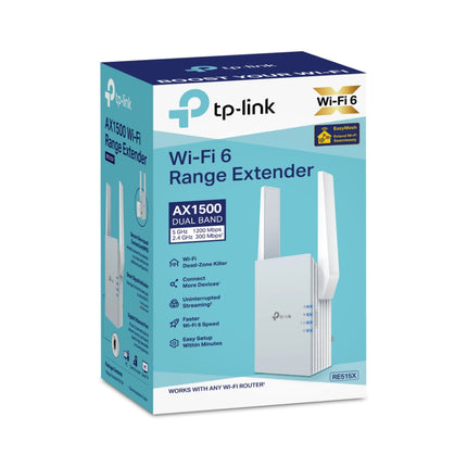 Front view of the official retail packaging for the TP-Link RE515X AX1500 Wi-Fi Range Extender, Australian stock.