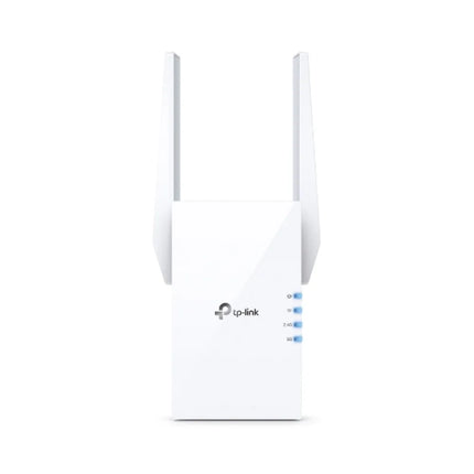 Text: Front view of the TP-Link RE605X AX1800 Wi-Fi 6 range extender in white, featuring two high-gain external antennas and intelligent signal strength LED indicators.