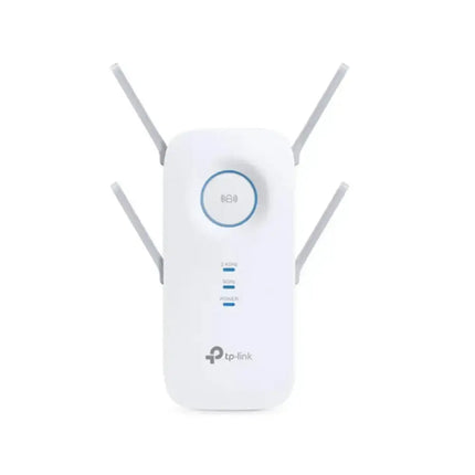 TP-Link RE650 AC2600 dual-band Wi-Fi range extender in white with four high-powered external antennas extended and a central circular LED indicator light.