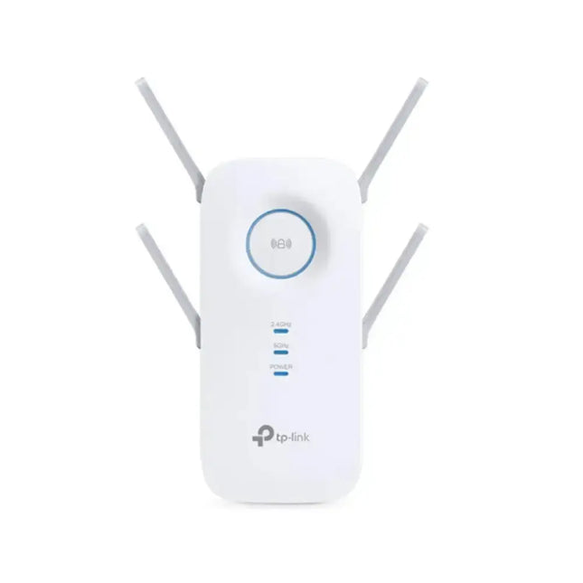 TP-Link RE650 AC2600 dual-band Wi-Fi range extender in white with four high-powered external antennas extended and a central circular LED indicator light.