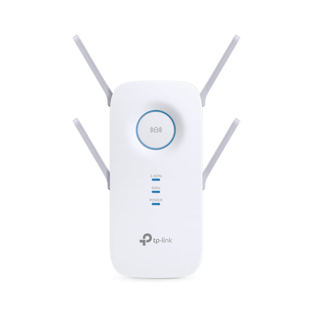 TP-Link RE650 AC2600 dual-band Wi-Fi range extender in white with four fold-out external antennas extended and its central circular intelligent signal indicator illuminated.
