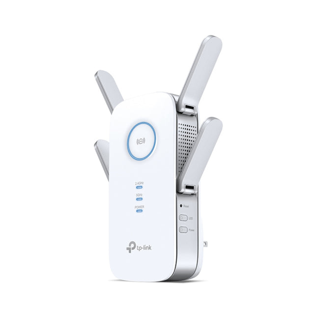 Side profile shot of the TP-Link RE650 booster highlighting the high-speed Gigabit Ethernet port, power button, and reset control switches.