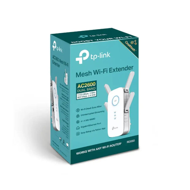 Side and rear view of the TP-Link RE650 range extender highlighting the integrated wall plug and the high-speed gigabit Ethernet port for wired device connectivity.