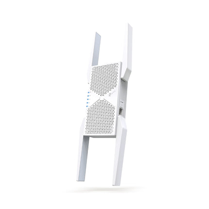 Side angle of the TP-Link RE655BE BE9300 Wi-Fi 7 booster with its high-gain external antennas fully deployed for maximum coverage.