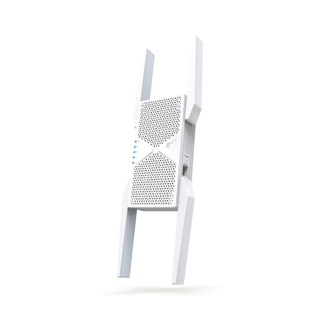 Side angle of the TP-Link RE655BE BE9300 Wi-Fi 7 booster with its high-gain external antennas fully deployed for maximum coverage.