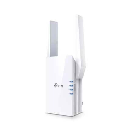 TP-Link RE705X AX3000 Mesh WiFi 6 Extender in white, featuring its dual external antennas and compact wall-plug design.