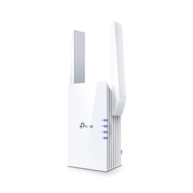 TP-Link RE705X AX3000 Mesh WiFi 6 Extender in white, featuring its dual external antennas and compact wall-plug design.
