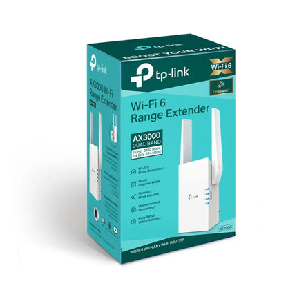 Official retail product packaging box for the TP-Link RE705X AX3000 Mesh WiFi 6 Extender, Australian stock.