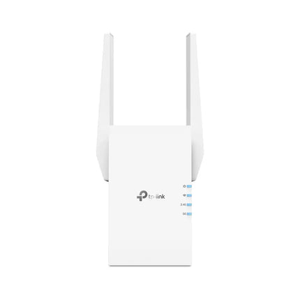 Side angled view of the TP-Link RE705X AX3000 mesh extender, showing the secure wall-plug mechanism and sleek cooling vents.