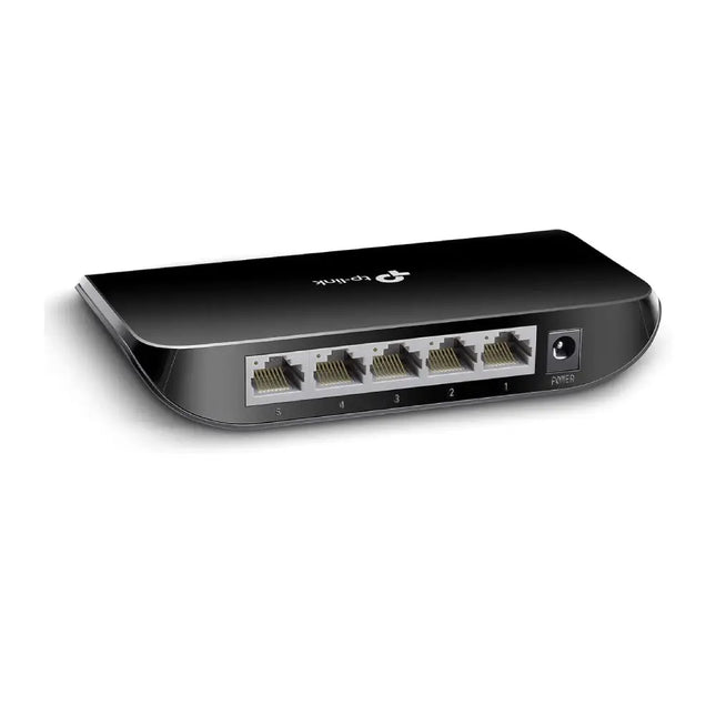 Rear view of the TP-Link 5-port gigabit switch showing the five RJ45 ethernet ports and the DC power input jack.