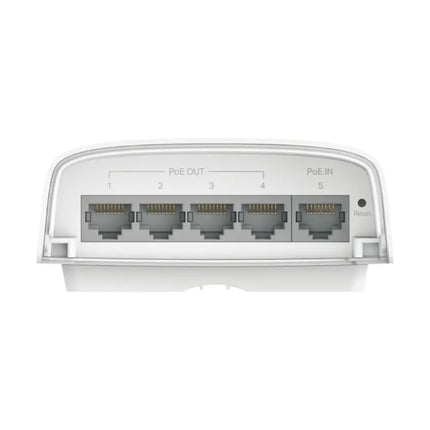 The TP-Link SG2005P-PD smart switch installed in a remote location, running entirely on PoE power pass-through without an AC outlet.