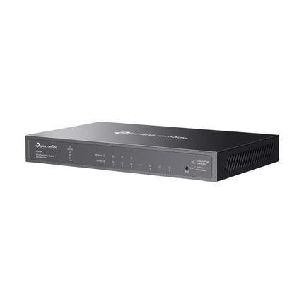 A side perspective of the SG2008P switch featuring a durable black metal casing and a fanless design for silent operation, suitable for desktop or wall-mount installation in noise-sensitive environments.  