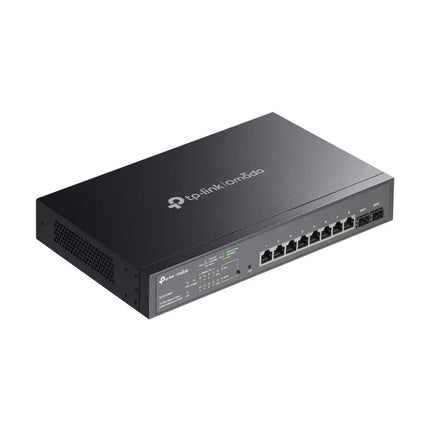 Side view of the TP-Link SG2210MP smart switch showing the compact design engineered to support a total PoE power budget of 150W.
