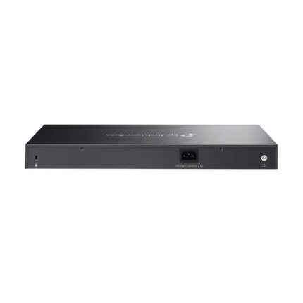 An Omada SG2428LP smart switch mounted into an enterprise server rack, providing a 150W total PoE budget for IP cameras and access points.