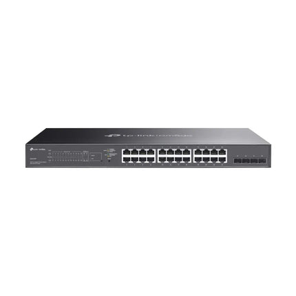 TP-Link SG2428P Omada 28-Port Gigabit Smart Switch with 24-Port PoE+, front view showing a rackmountable design.