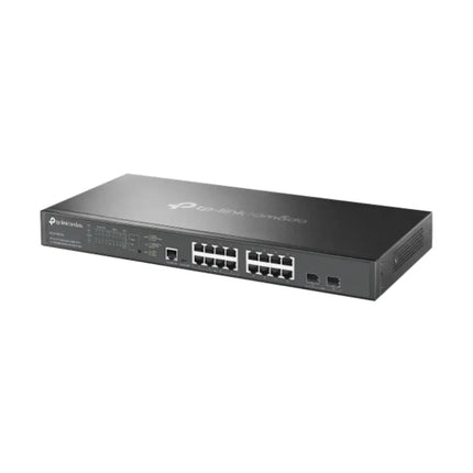 Isometric view of the TP-Link Omada SG3218XP-M2 16-port 2.5G network switch in a standard 1U rackmountable steel housing.