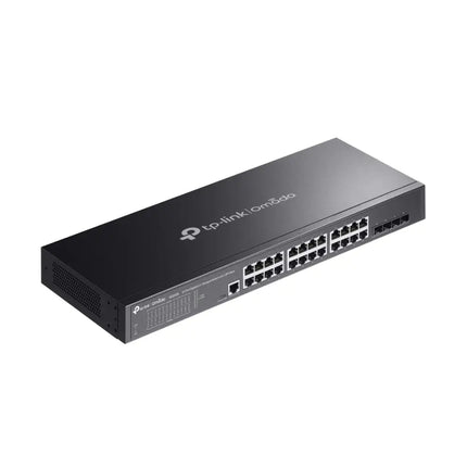 Isometric angled view of the TP-Link Omada SG3428 24-port gigabit switch, showing its durable steel casing and rack-mountable design.