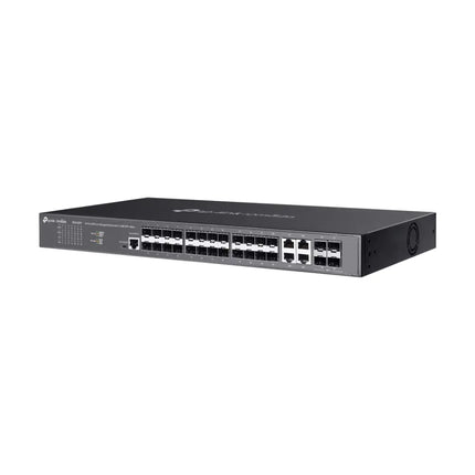 Front view of the TP-Link SG3428XF Omada L2+ Managed Switch, showing 24 SFP ports and 4 10G SFP+ slots.