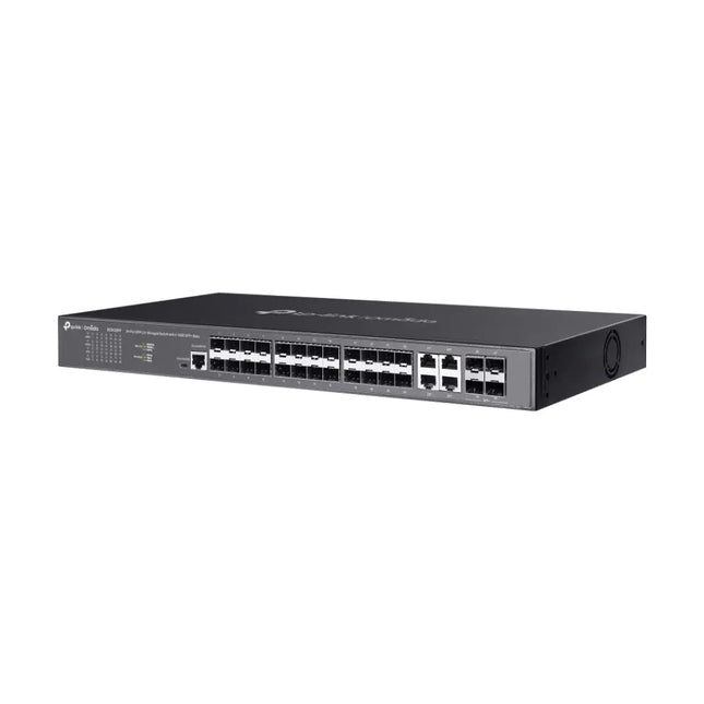 Front view of the TP-Link SG3428XF Omada L2+ Managed Switch, showing 24 SFP ports and 4 10G SFP+ slots.