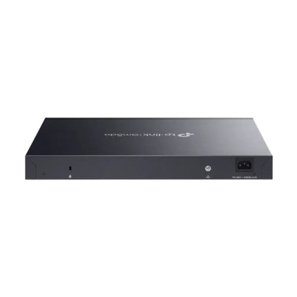 An Omada SG3428XMPP smart managed switch mounted into an IT server rack, delivering its 500W total PoE budget to high-draw smart devices and AV-over-IP endpoints.
