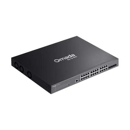 Close-up view of the 4 dedicated 10GE SFP+ slots on the TP-Link Omada SG3428XPP-M2 switch for ultra-fast fiber uplinks.
