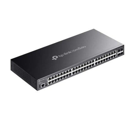 Close-up detail of the Omada SG5452X switch front interface highlighting four 10 Gbps SFP plus uplink slots and USB Type-C console port.