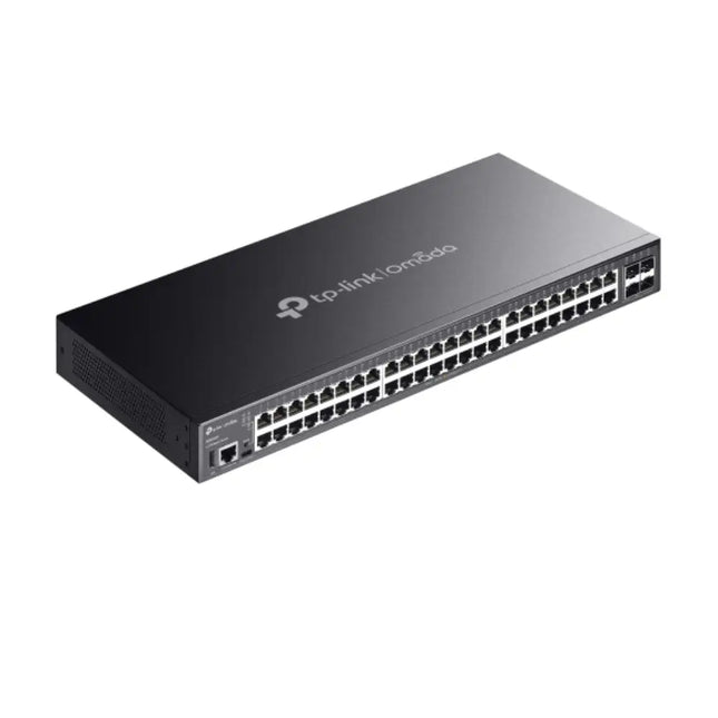 Close-up detail of the Omada SG5452X switch front interface highlighting four 10 Gbps SFP plus uplink slots and USB Type-C console port.