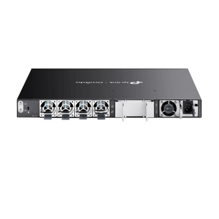 Rear panel view of the Omada SG6428XHP managed switch highlighting its enterprise dual-fixed redundant power supplies and active cooling fans.