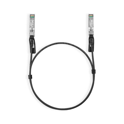 TP-Link SM5220-1M 1 Meter 10G SFP+ Direct Attach Cable (DAC) laid out clearly on a white background.